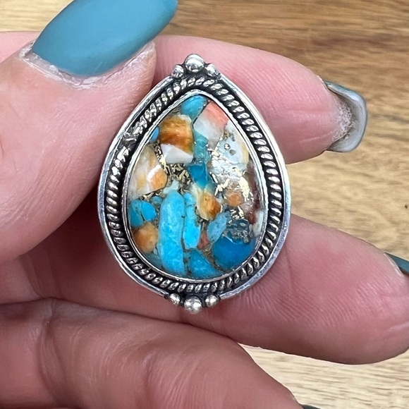 Genuine oyster,copper,turquoise ring,925 Sterling Silver,vibrant, chunky❤️size 7 - Picture 3 of 8